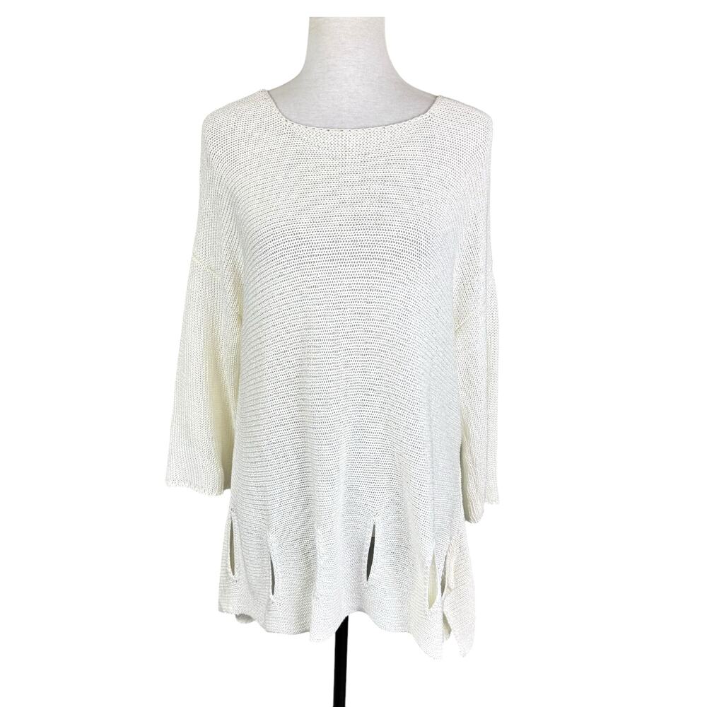 John Mark Ivory White Open Knit Cut Out Hem A-line Tunic Sweater